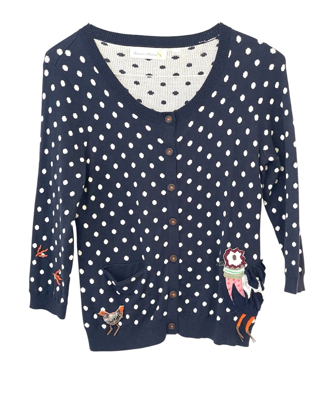 Whimsical polka dot chicken sweater embroidered & beaded - Picture 3 of 10
